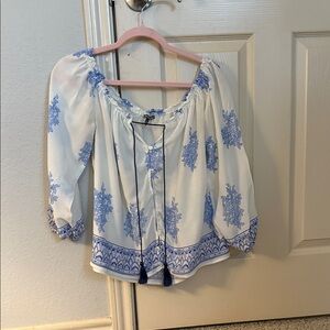 Charlotte Russe White and Blue Patterned Blouse